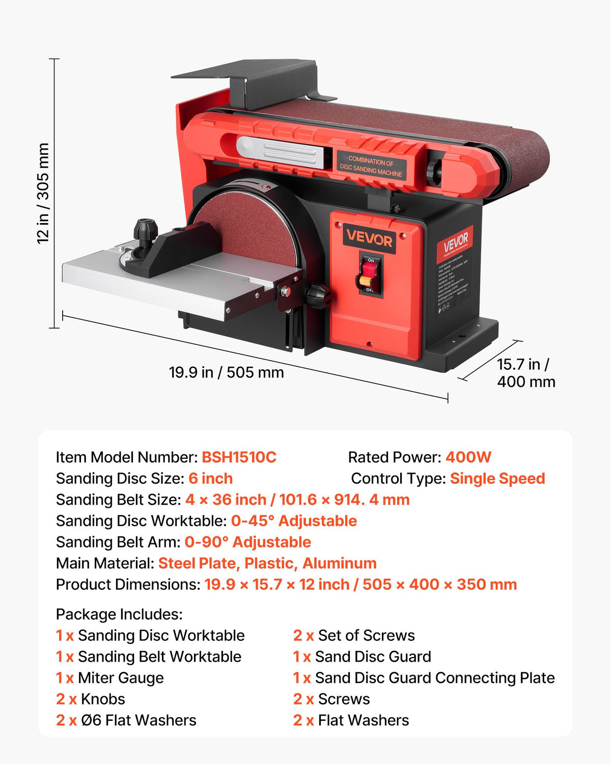 VEVOR 6" Disc Sander & 4" x 36" Belt Sander, 400W Professional Belt Disc Sanders Combo with 0 - 45° Adjustable Worktable & Dust Collection Port for Woodworking, Knife Sharpening, DIY Crafting - DPSGJZHYPHBX7MQ9F001V1 - view 8