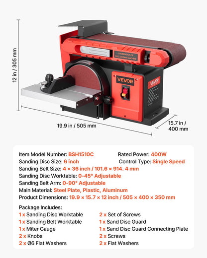 VEVOR 6" Disc Sander & 4" x 36" Belt Sander, 400W Professional Belt Disc Sanders Combo with 0 - 45° Adjustable Worktable & Dust Collection Port for Woodworking, Knife Sharpening, DIY Crafting - DPSGJZHYPHBX7MQ9F001V1 - view 8
