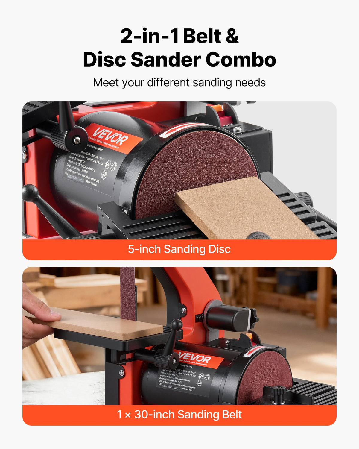 VEVOR 5" Disc Sander & 1" x 30" Belt Sander, 250W Benchtop Belt Disc Sanders Combo with 0 - 45° Adjustable Worktable & Dust Collection Ports for Woodworking, Furniture Refinishing, DIY Crafting - DPSGJZHYPWBX87XUH001V1 - view 4