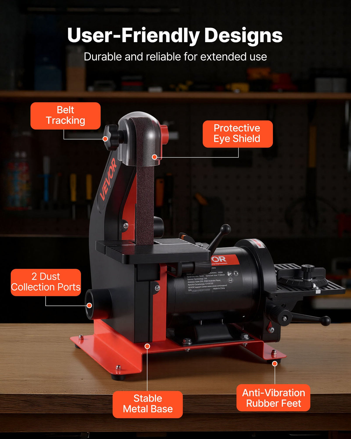 VEVOR 5" Disc Sander & 1" x 30" Belt Sander, 250W Benchtop Belt Disc Sanders Combo with 0 - 45° Adjustable Worktable & Dust Collection Ports for Woodworking, Furniture Refinishing, DIY Crafting - DPSGJZHYPWBX87XUH001V1 - view 7