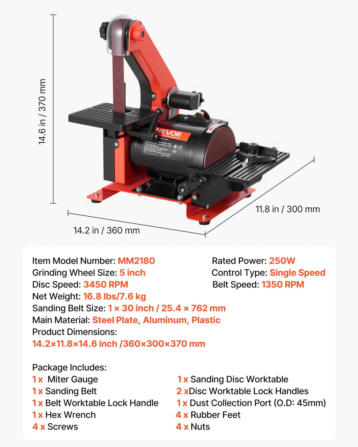 VEVOR 5" Disc Sander & 1" x 30" Belt Sander, 250W Benchtop Belt Disc Sanders Combo with 0 - 45° Adjustable Worktable & Dust Collection Ports for Woodworking, Furniture Refinishing, DIY Crafting - DPSGJZHYPWBX87XUH001V1 - view 8
