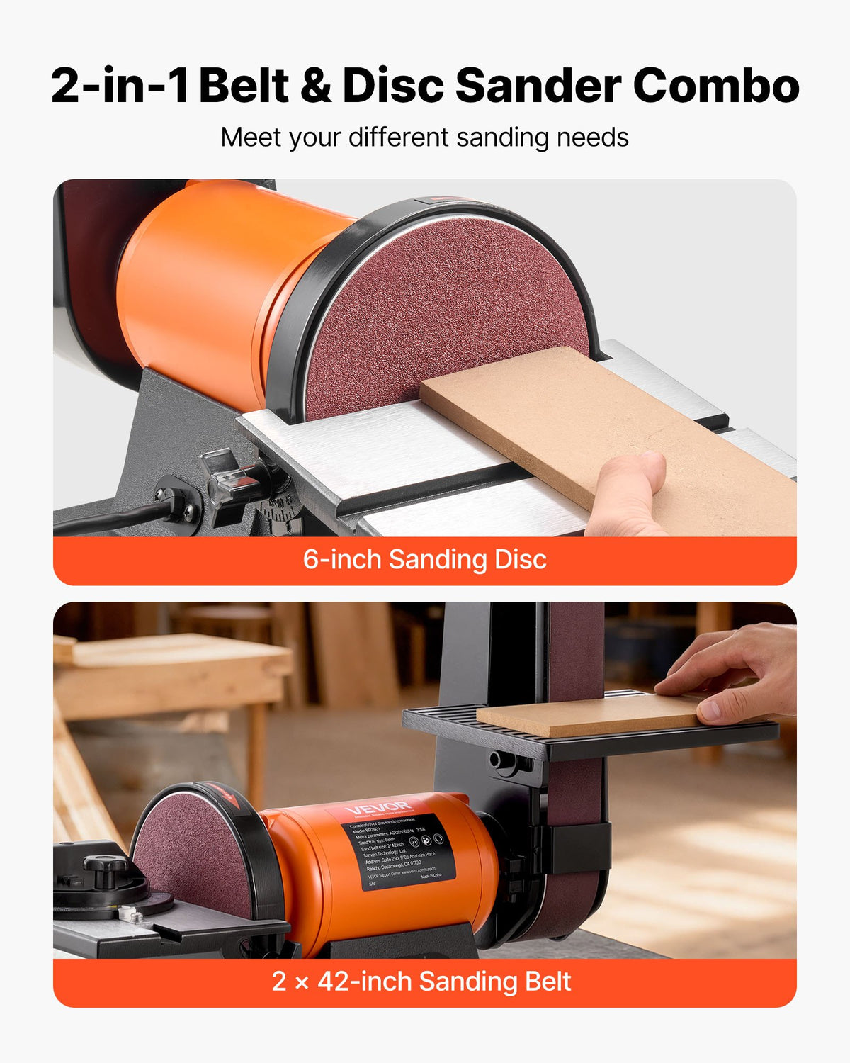 VEVOR 6" Disc Sander & 2" x 42" Belt Sander, 420W Professional Bench Belt Disc Sanders Combo with Multiple Angle Adjustments for DIY Woodworking, Furniture Refinishing, Knife Sharpening - DPSGJZHYPZBXT9VVY001V1 - view 4