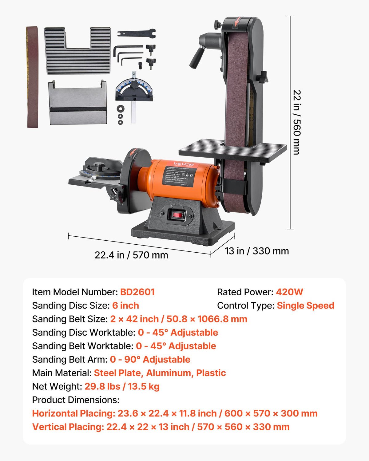 VEVOR 6" Disc Sander & 2" x 42" Belt Sander, 420W Professional Bench Belt Disc Sanders Combo with Multiple Angle Adjustments for DIY Woodworking, Furniture Refinishing, Knife Sharpening - DPSGJZHYPZBXT9VVY001V1 - view 8