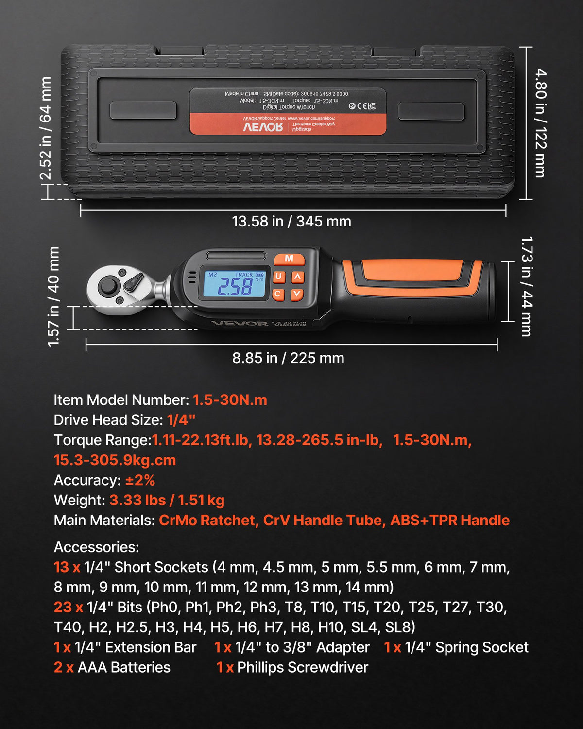 VEVOR Torque Wrench Set 1/4" Drive 42-Piece Digital Torque Wrench 4 Units, ±2% Accuracy, LCD Screen, with Buzzer and LED Indicator, with Sockets, Bits, Extension Bar, Adapter, for Automotive Repair - DPSXSNLBS11258QOM001V9 - view 3