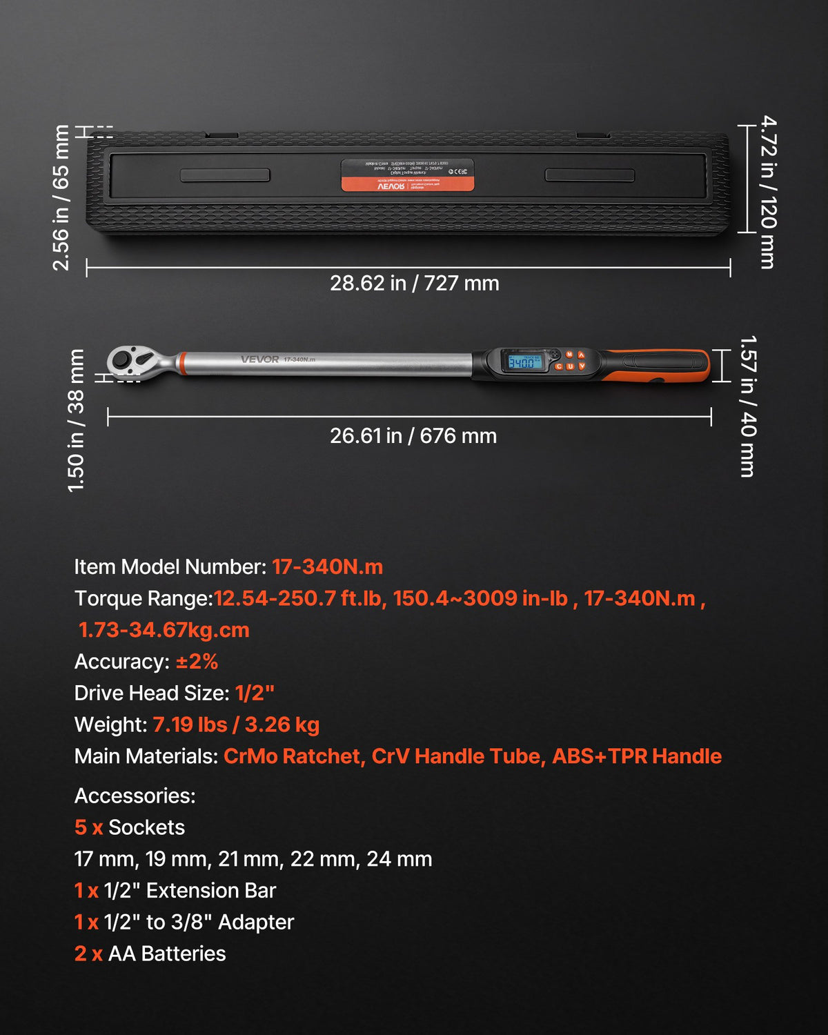 VEVOR Torque Wrench Set 1/2" Drive Digital Torque Wrench 4 Display Units, ±2% Accuracy, LCD Screen, with Buzzer and LED Indicator, with Sockets, Extension Bar, Adapter, for Automotive Repair - DPSXSNLBS125KPV42001V9 - view 3