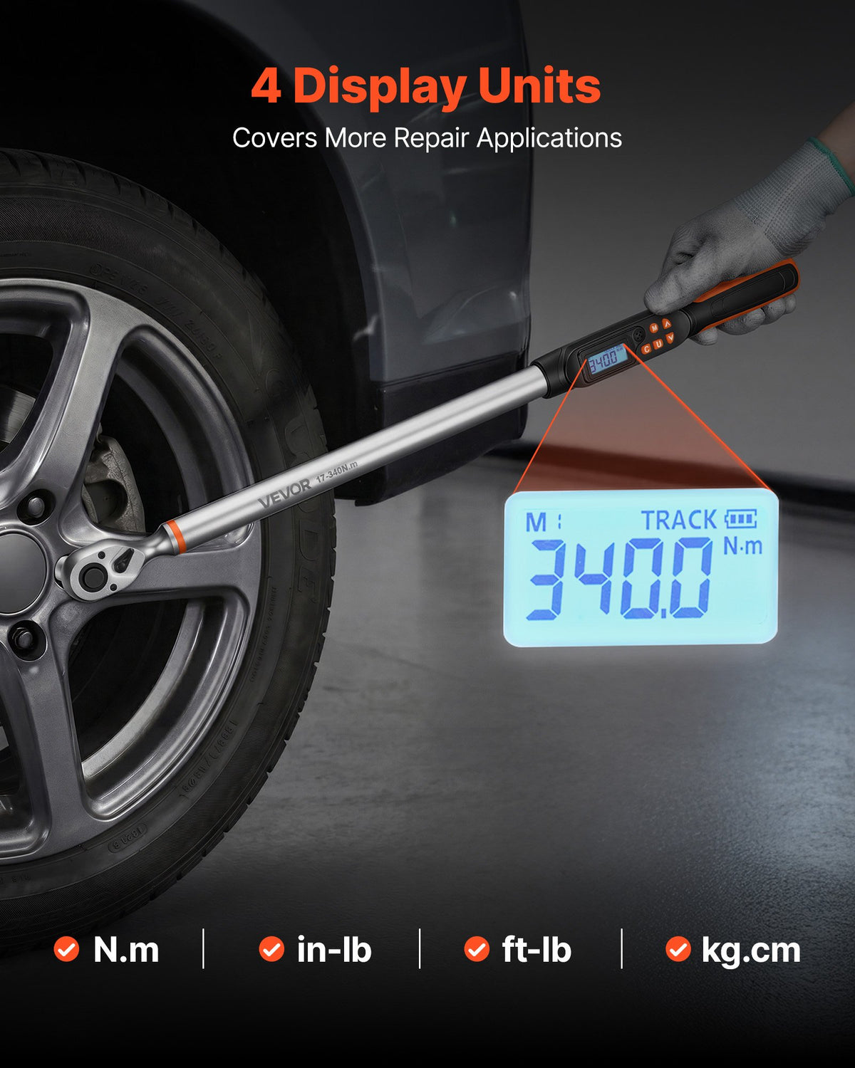 VEVOR Torque Wrench Set 1/2" Drive Digital Torque Wrench 4 Display Units, ±2% Accuracy, LCD Screen, with Buzzer and LED Indicator, with Sockets, Extension Bar, Adapter, for Automotive Repair - DPSXSNLBS125KPV42001V9 - view 6
