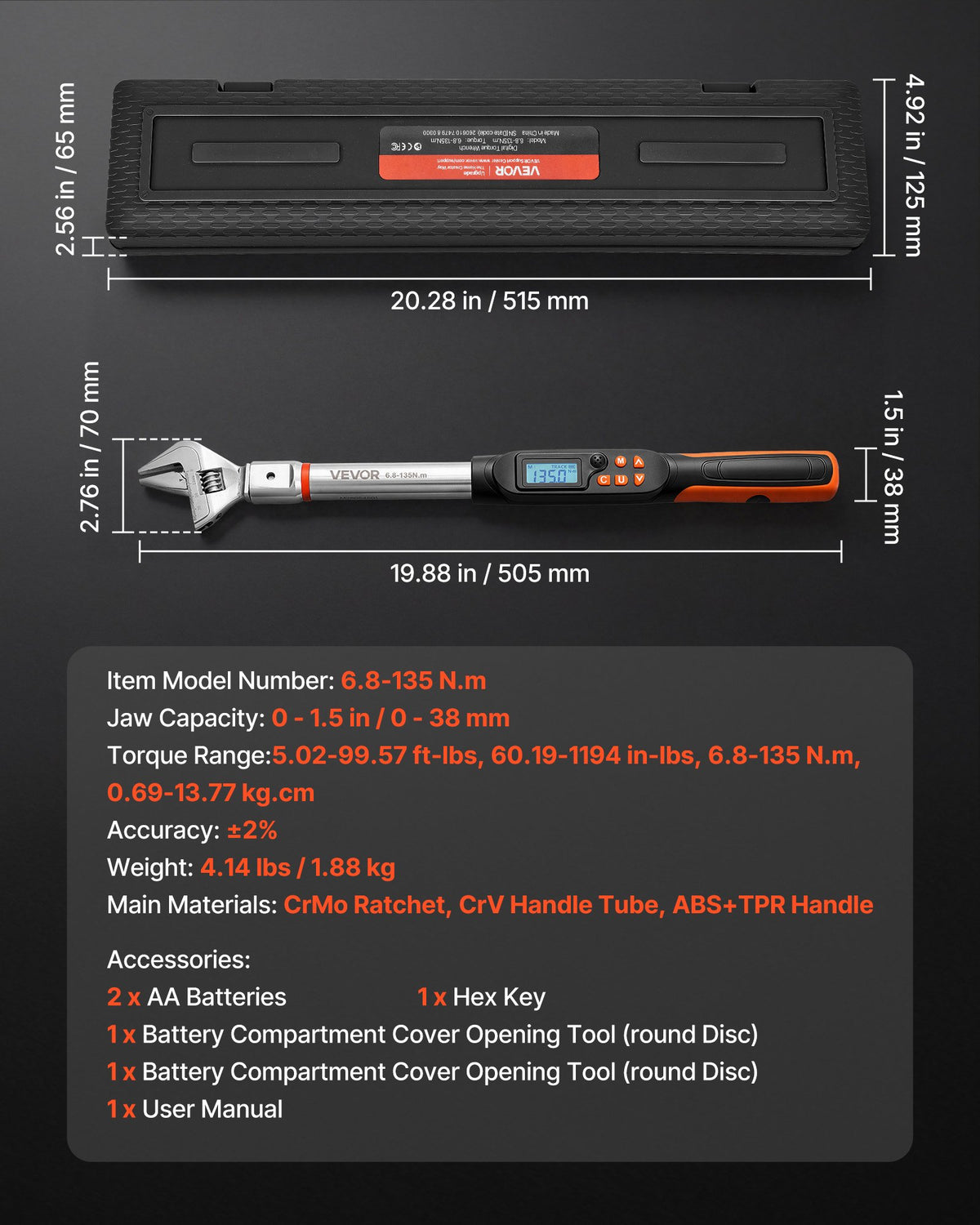 VEVOR Torque Wrench 0-1.5 in Adjustable Jaw Opening Digital Torque Wrench, Open-End Jaw, 4 Display Units, ±2% Accuracy, LCD Screen, with Buzzer and LED Indicator, for Pipe and Automotive Repair - DPSXSNLBS599RKHLE001V9 - view 8