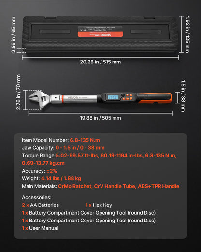 VEVOR Torque Wrench 0-1.5 in Adjustable Jaw Opening Digital Torque Wrench, Open-End Jaw, 4 Display Units, ±2% Accuracy, LCD Screen, with Buzzer and LED Indicator, for Pipe and Automotive Repair - DPSXSNLBS599RKHLE001V9 - view 8