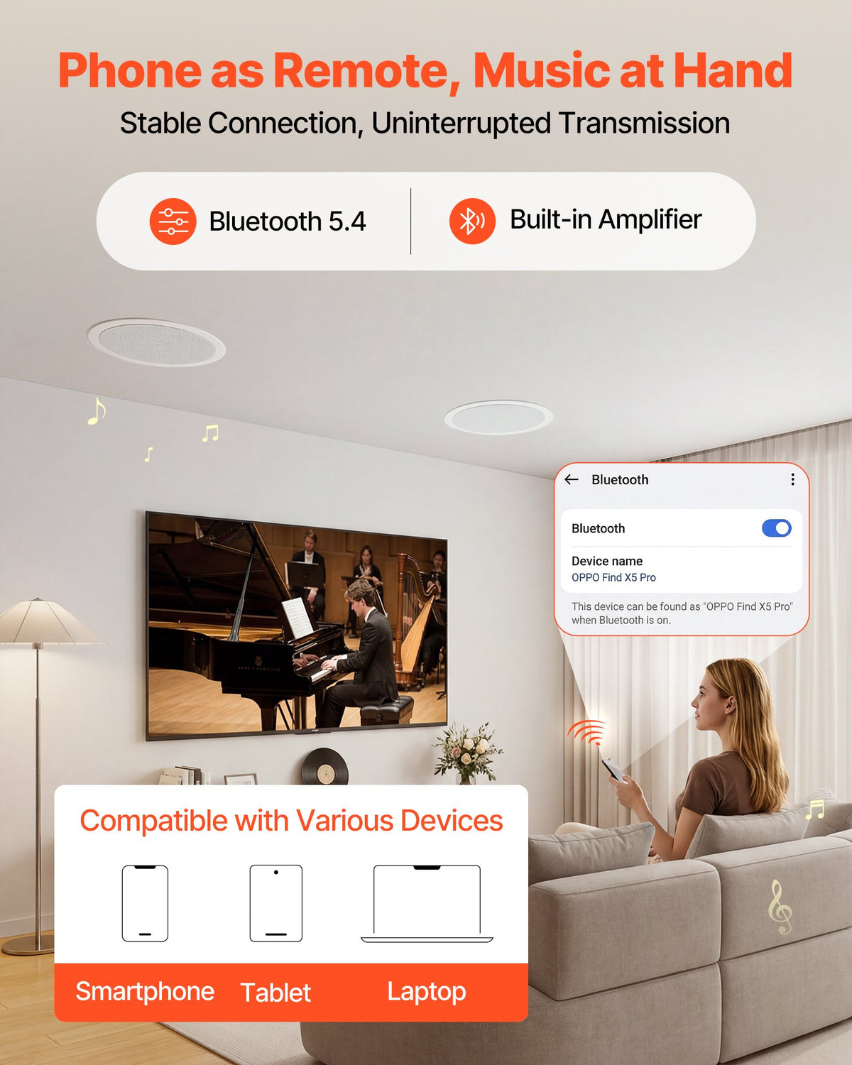 VEVOR Bluetooth Ceiling Speakers, 8", In Ceiling & In-Wall Speaker System with Amplifier, 2-Way Flush Mount Speakers, for Damp Humid Placement, Home Theater, Living Room, or Covered Patio, 1 Pair - DPXDSYSQ8YCLGWO3A001V1 - view 4