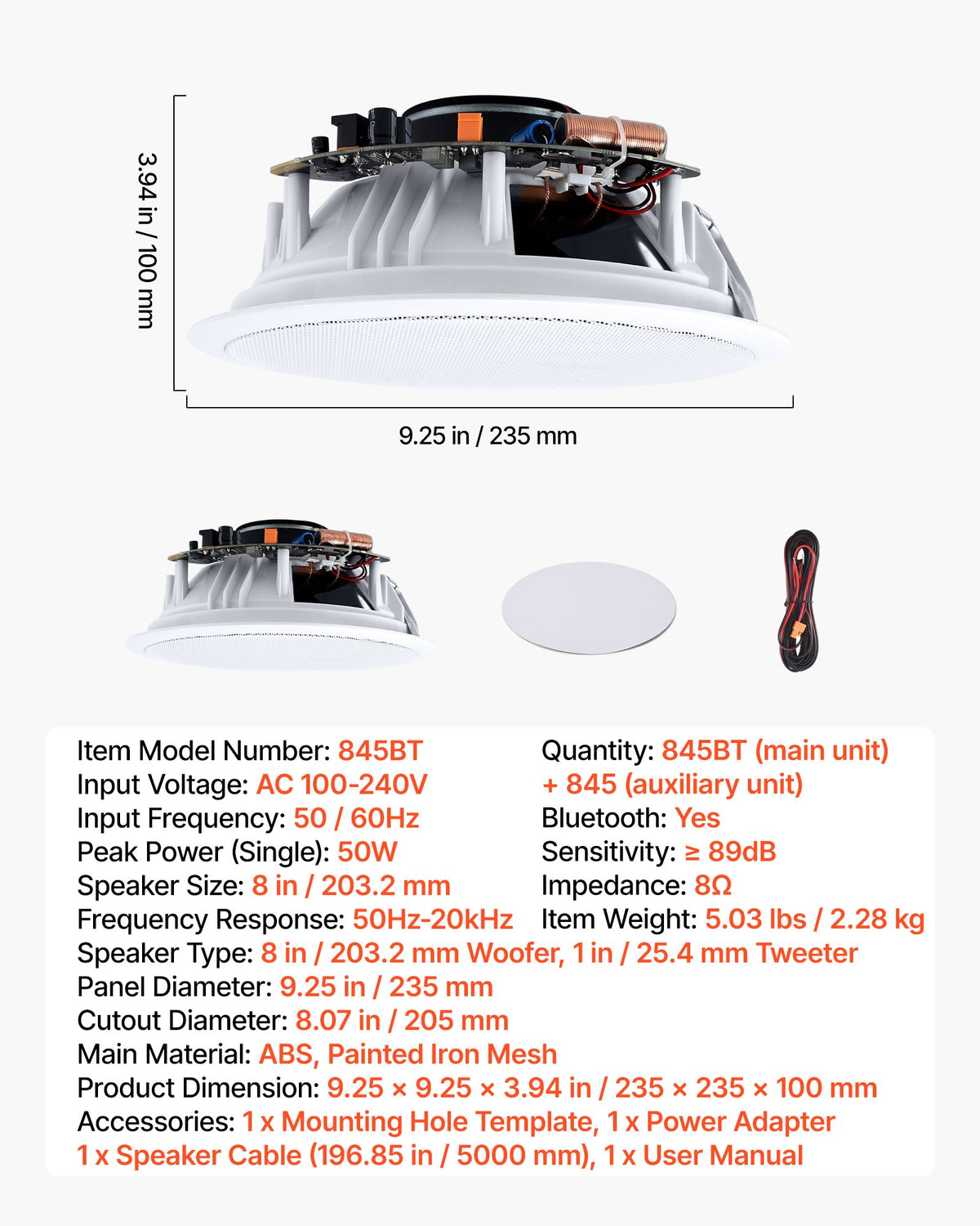 VEVOR Bluetooth Ceiling Speakers, 8", In Ceiling & In-Wall Speaker System with Amplifier, 2-Way Flush Mount Speakers, for Damp Humid Placement, Home Theater, Living Room, or Covered Patio, 1 Pair - DPXDSYSQ8YCLGWO3A001V1 - view 8