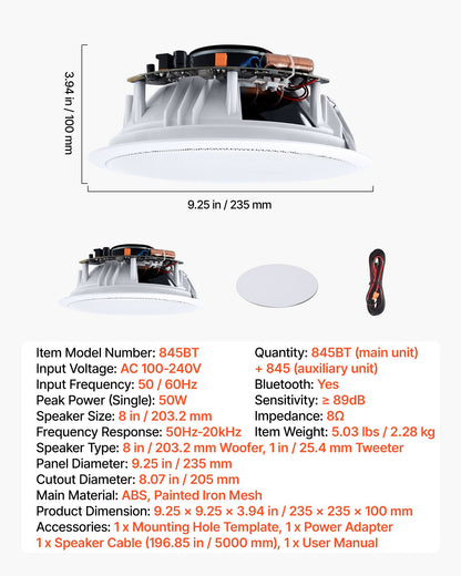 VEVOR Bluetooth Ceiling Speakers, 8", In Ceiling & In-Wall Speaker System with Amplifier, 2-Way Flush Mount Speakers, for Damp Humid Placement, Home Theater, Living Room, or Covered Patio, 1 Pair - DPXDSYSQ8YCLGWO3A001V1 - view 8