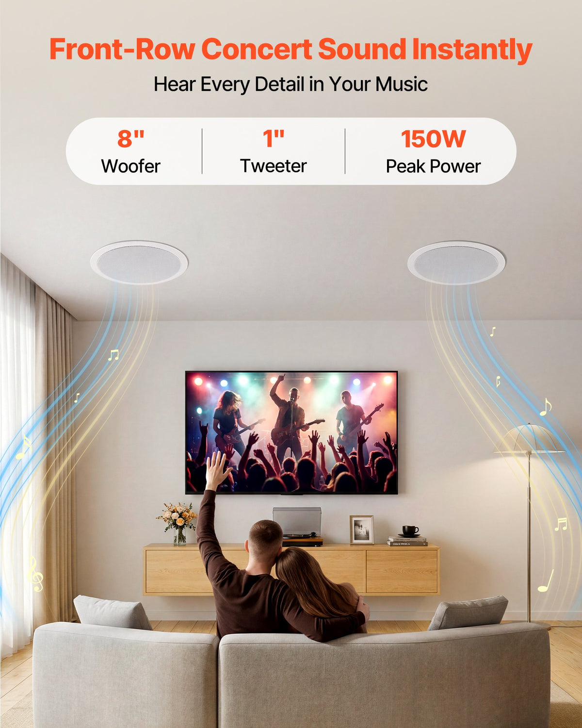 VEVOR In Ceiling Speakers, 8", In-Ceiling & In-Wall Speaker System, Hi-Fi Sound, 150W Peak, 2-Way Flush Mount Speakers, for Damp Humid Placement, Home Theater, Living Room, or Covered Patio, 1 Pair - DPXDSYSQ8YCLN4YP6001V9 - view 3