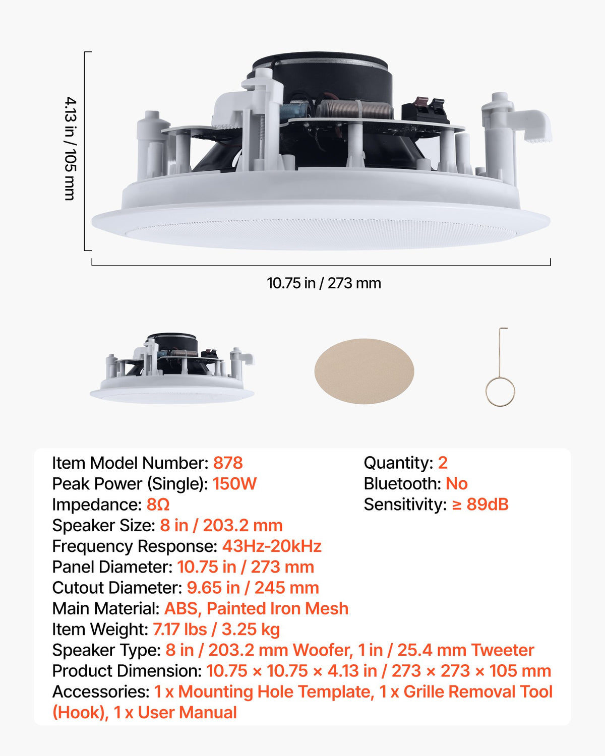 VEVOR In Ceiling Speakers, 8", In-Ceiling & In-Wall Speaker System, Hi-Fi Sound, 150W Peak, 2-Way Flush Mount Speakers, for Damp Humid Placement, Home Theater, Living Room, or Covered Patio, 1 Pair - DPXDSYSQ8YCLN4YP6001V9 - view 8