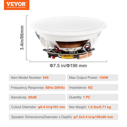 VEVOR 6.5 Inch in Ceiling Speakers, 150-Watts, Flush Mount Ceiling & in-Wall Speakers System with 8ΩImpedance 89dB Sensitivity, for Home Kitchen Living Room Bedroom or Covered Outdoor Porches, Single - DPXDYSQ65YCYICQLKV9 - view 8