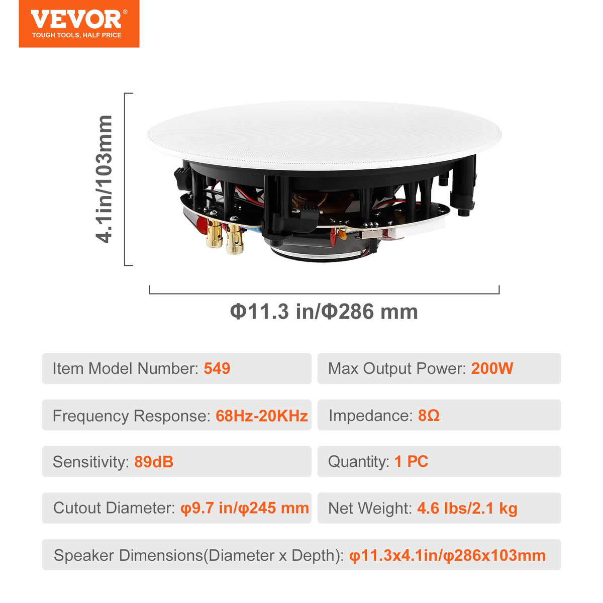 VEVOR 8 Inch in Ceiling Speakers, 200-Watts, Flush Mount Ceiling & in-Wall Speakers System with 8ΩImpedance 89dB Sensitivity, for Home Kitchen Living Room Bedroom or Covered Outdoor Porches, Single - DPXDYSQ8YCYZUFINCV9 - view 8