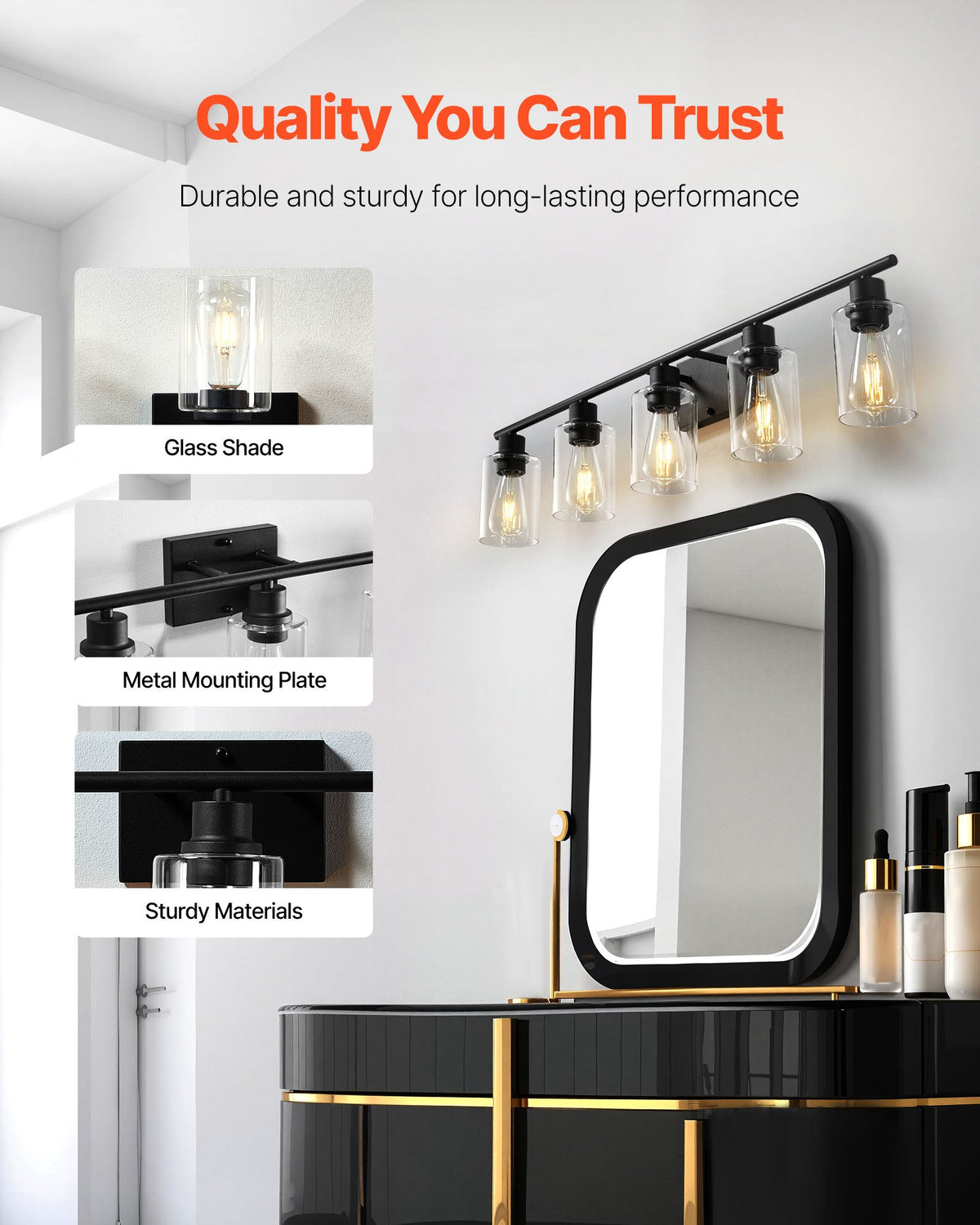 VEVOR 5-Light Bathroom Vanity Lights, 37.1-Inch, Modern Light Fixtures Above Mirror with Clear Glass Shade, 60W, Wall Lighting for Bathroom, Living Room, Bedroom, Hallway, E26 Base (Bulbs Not Included) - DPXSZTZM5T60SIQFK002V6 - view 4