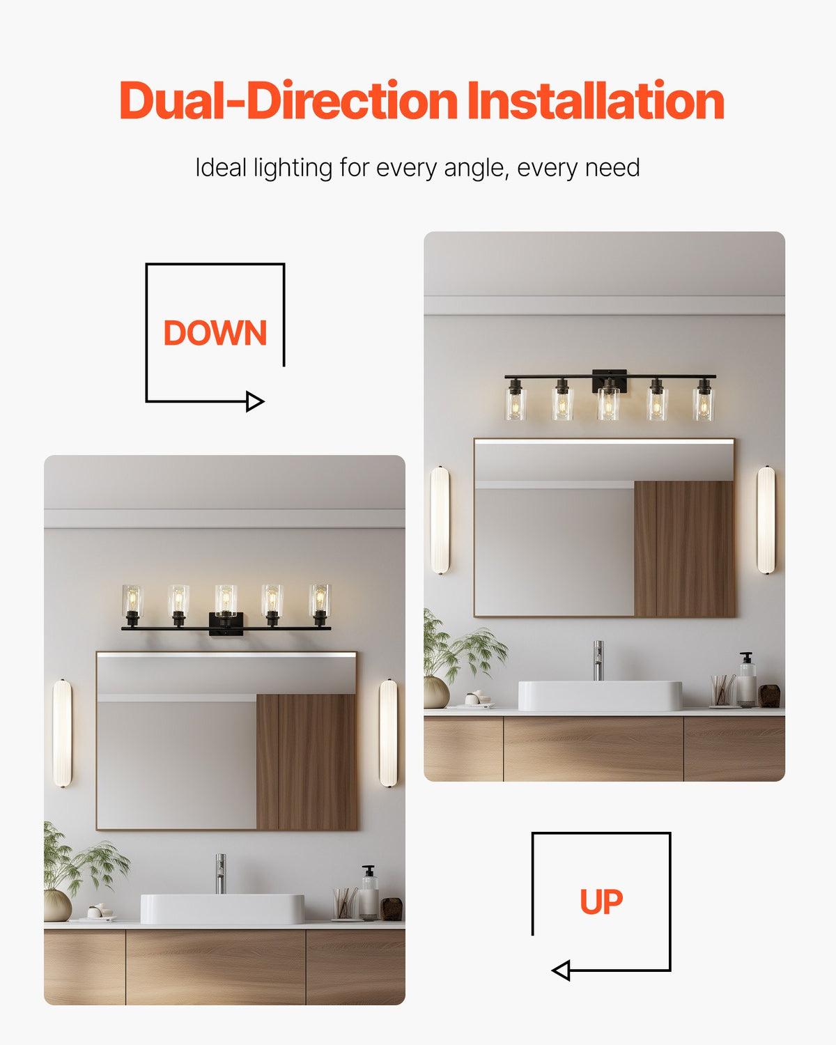 VEVOR 5-Light Bathroom Vanity Lights, 37.1-Inch, Modern Light Fixtures Above Mirror with Clear Glass Shade, 60W, Wall Lighting for Bathroom, Living Room, Bedroom, Hallway, E26 Base (Bulbs Not Included) - DPXSZTZM5T60SIQFK002V6 - view 5
