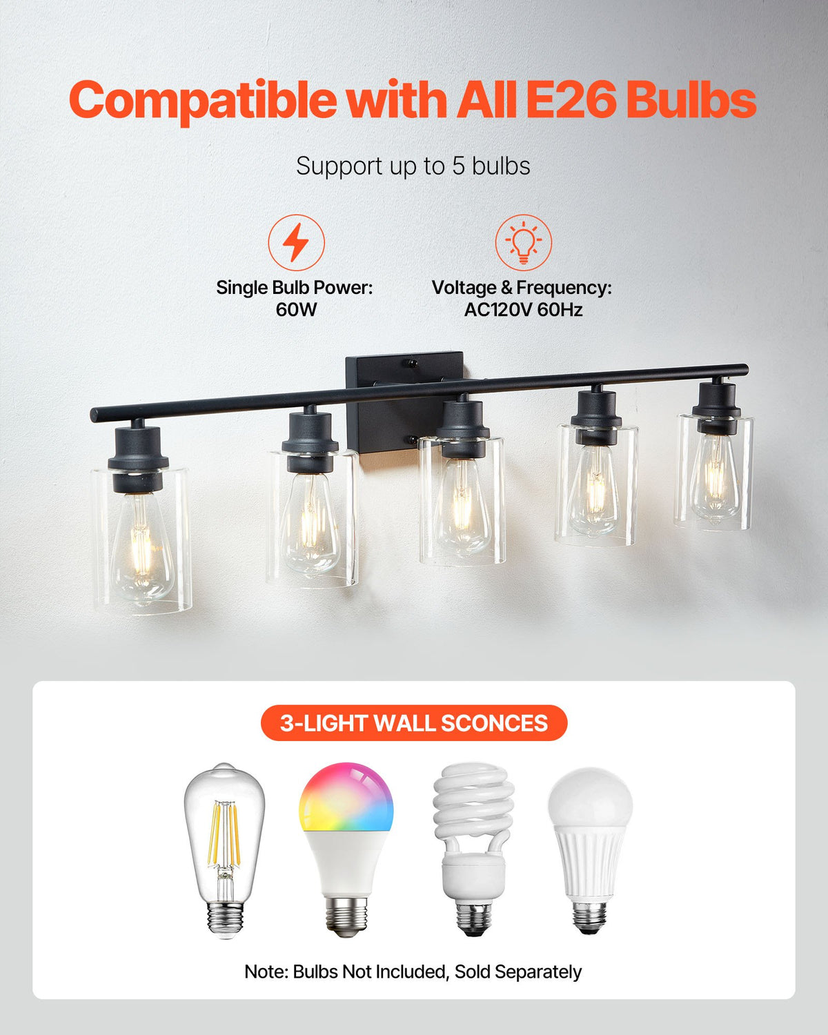 VEVOR 5-Light Bathroom Vanity Lights, 37.1-Inch, Modern Light Fixtures Above Mirror with Clear Glass Shade, 60W, Wall Lighting for Bathroom, Living Room, Bedroom, Hallway, E26 Base (Bulbs Not Included) - DPXSZTZM5T60SIQFK002V6 - view 6