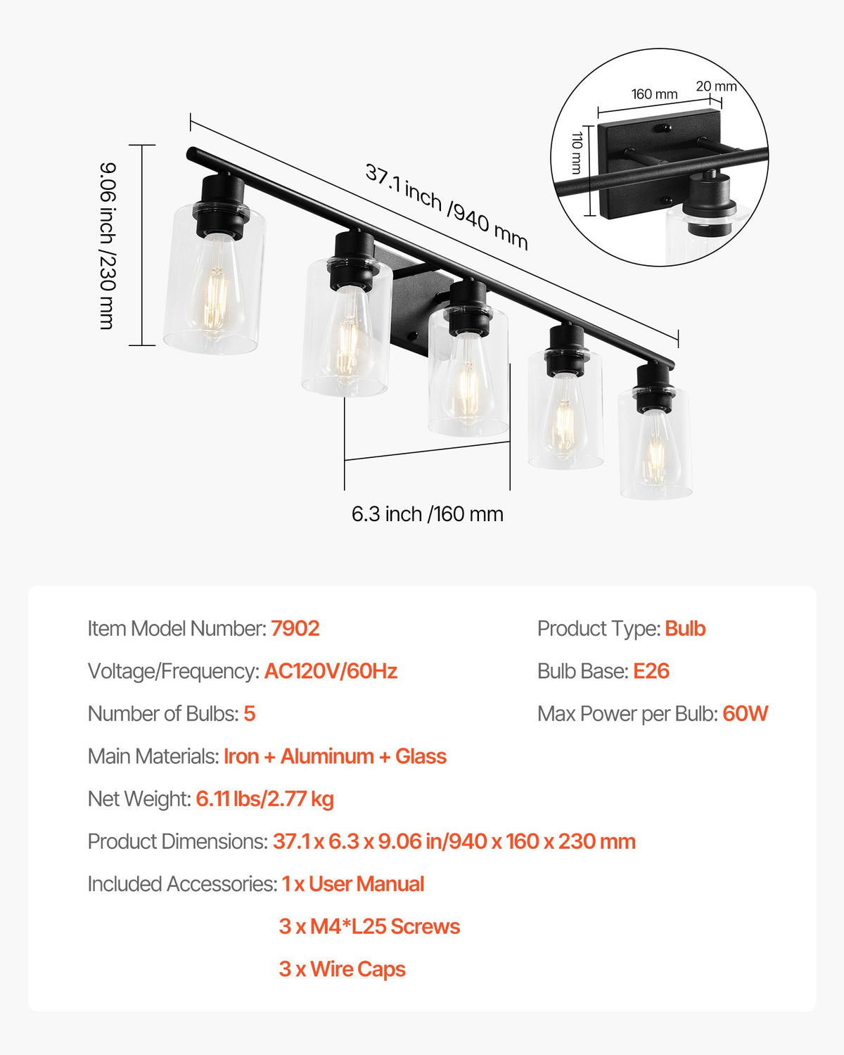 VEVOR 5-Light Bathroom Vanity Lights, 37.1-Inch, Modern Light Fixtures Above Mirror with Clear Glass Shade, 60W, Wall Lighting for Bathroom, Living Room, Bedroom, Hallway, E26 Base (Bulbs Not Included) - DPXSZTZM5T60SIQFK002V6 - view 8