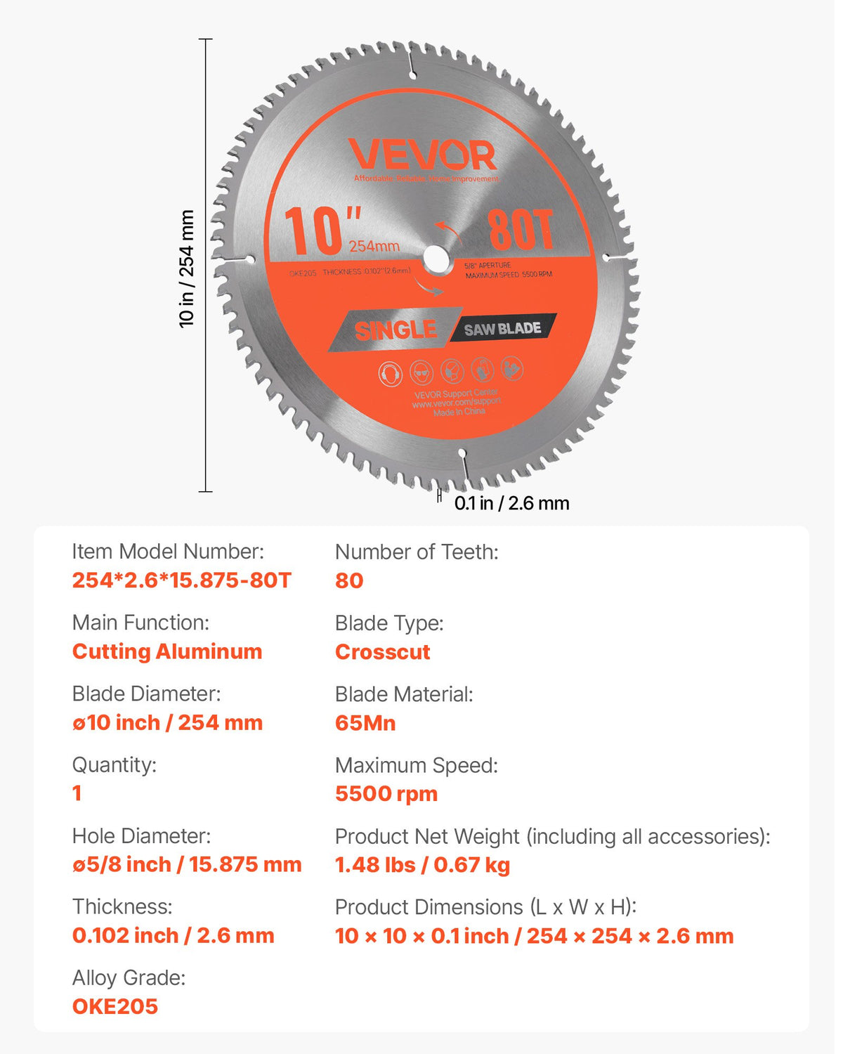 VEVOR Circular Saw Blade, 10 inch Diameter, 80 Sharp Alloy Teeth, 5/8 inch Arbor, Fine Finish, Aluminum Cutting Blade for Circular Saw, with Noise-Reducing Heat Vents, for Cutting Steel and Metal - DPYJPDPQDCL24296Z001V0 - view 8