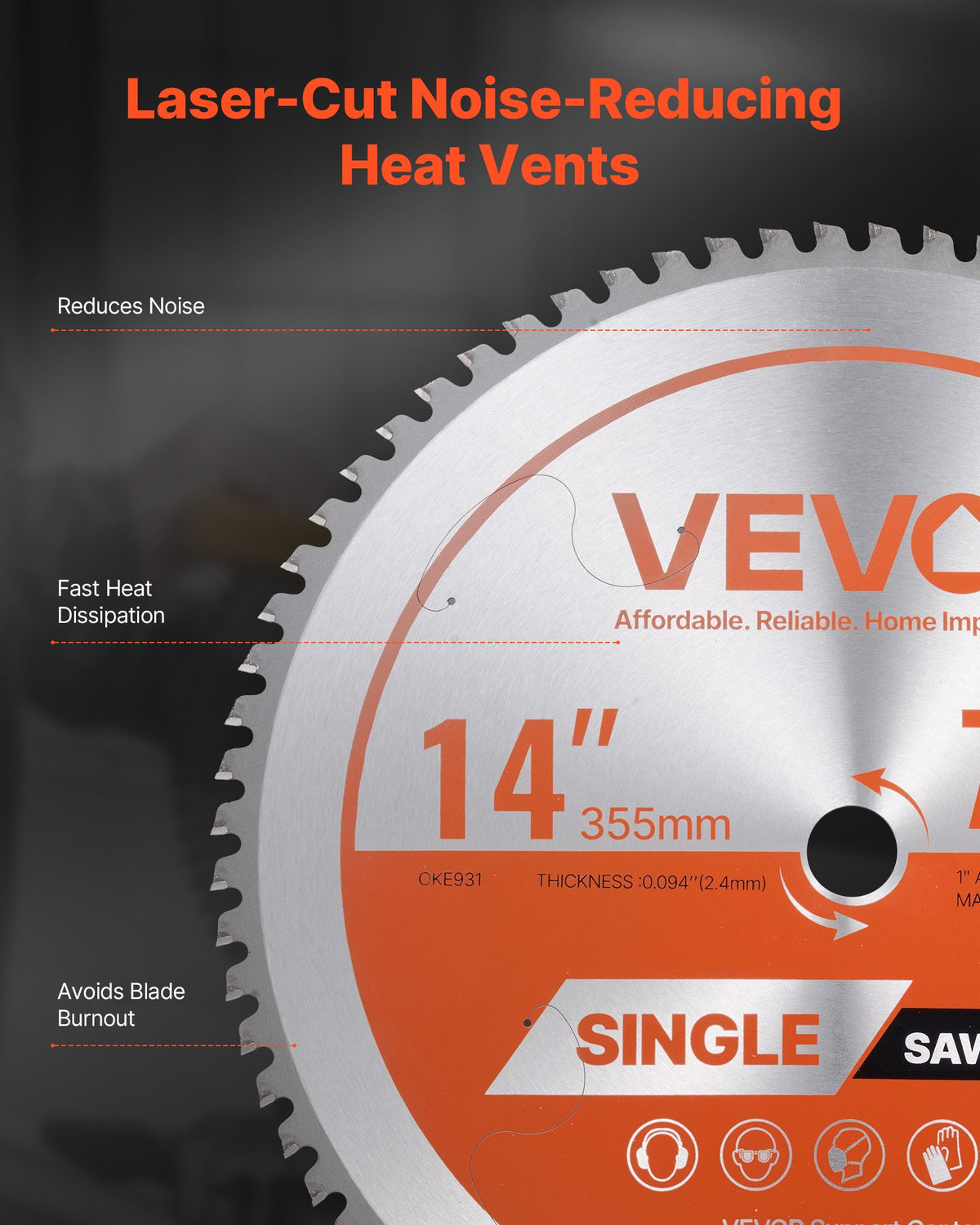VEVOR Circular Saw Blade, 14 inch Diameter, 72 Sharp Alloy Teeth, 1 inch Arbor, Fine Finish, Metal Cutting Blade for Circular Saw, with Noise-Reducing Heat Vents, for Cutting Steel and Aluminum - DPYJPDPQDCL30L7C6001V0 - view 6