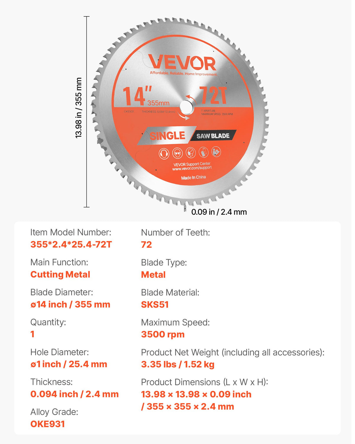 VEVOR Circular Saw Blade, 14 inch Diameter, 72 Sharp Alloy Teeth, 1 inch Arbor, Fine Finish, Metal Cutting Blade for Circular Saw, with Noise-Reducing Heat Vents, for Cutting Steel and Aluminum - DPYJPDPQDCL30L7C6001V0 - view 8