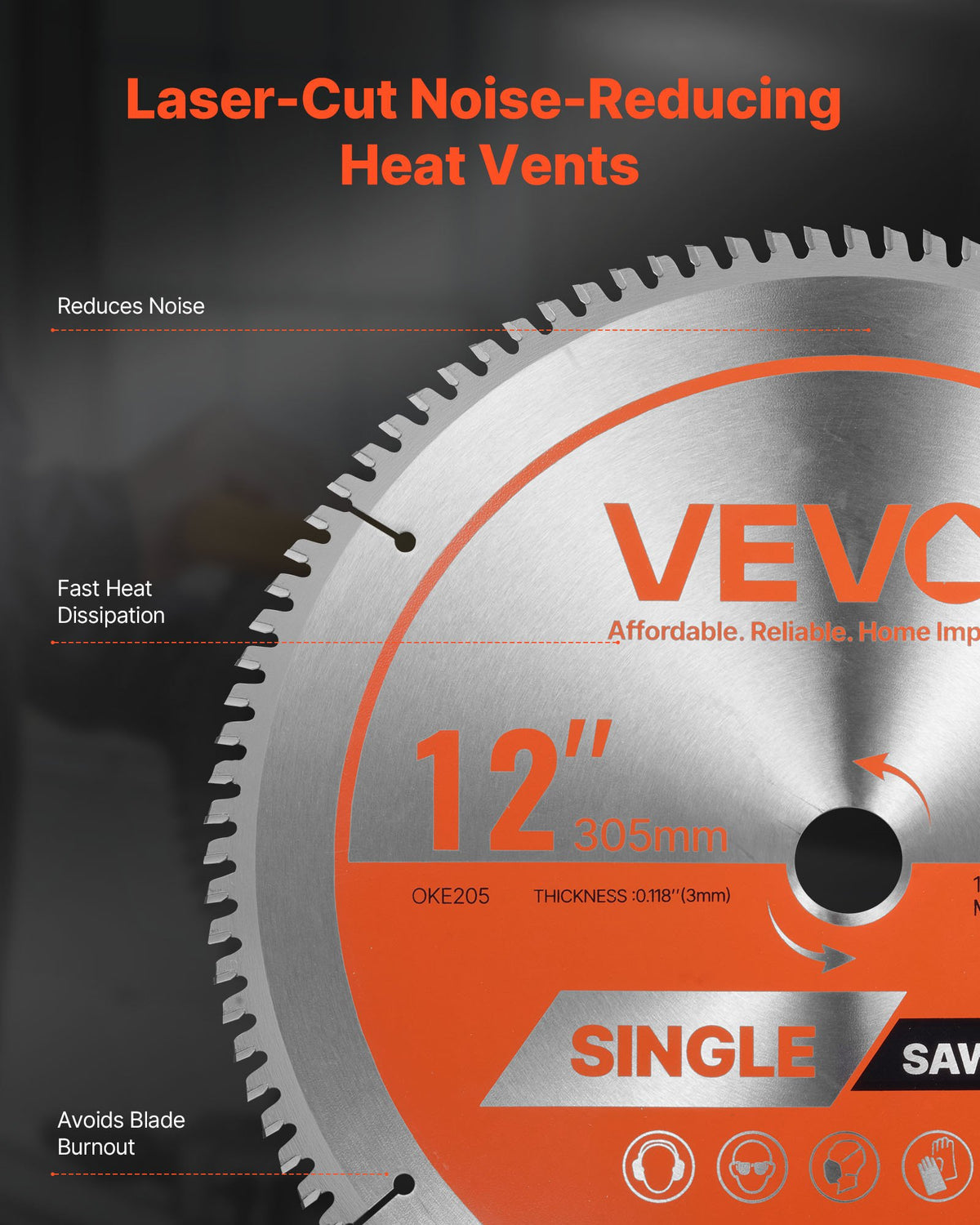 VEVOR Circular Saw Blade, 12 inch Diameter, 100 Sharp Alloy Teeth, 1 inch Arbor, Fine Finish, Aluminum Cutting Blade for Circular Saw, with Noise-Reducing Heat Vents, for Cutting Steel and Metal - DPYJPDPQDCL378LHP001V0 - view 6