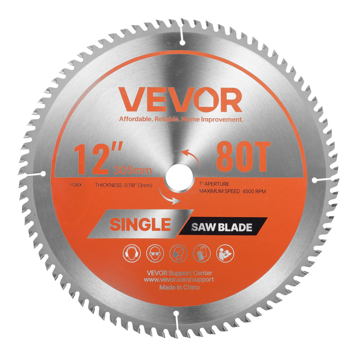 VEVOR Circular Saw Blade, 12 inch Diameter, 80 Sharp Alloy Teeth, 1 inch Arbor, Fine Finish, Wood Cutting Blade for Circular Saw, with Noise-Reducing Heat Vents, for Cutting Plywood, OSB, Hardwood - DPYJPDPQDCL3UOXF5001V0 - view 1