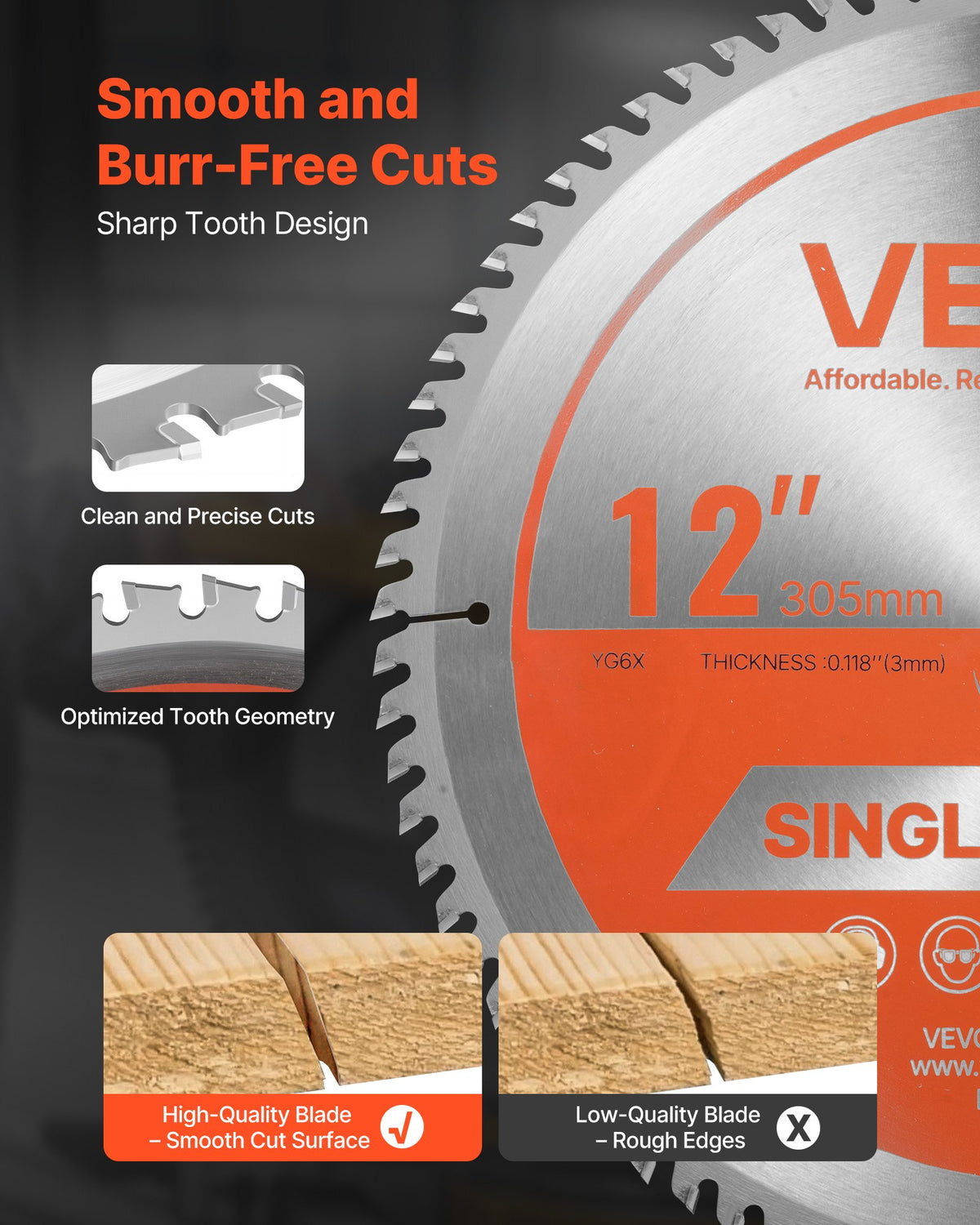 VEVOR Circular Saw Blade, 12 inch Diameter, 80 Sharp Alloy Teeth, 1 inch Arbor, Fine Finish, Wood Cutting Blade for Circular Saw, with Noise-Reducing Heat Vents, for Cutting Plywood, OSB, Hardwood - DPYJPDPQDCL3UOXF5001V0 - view 4
