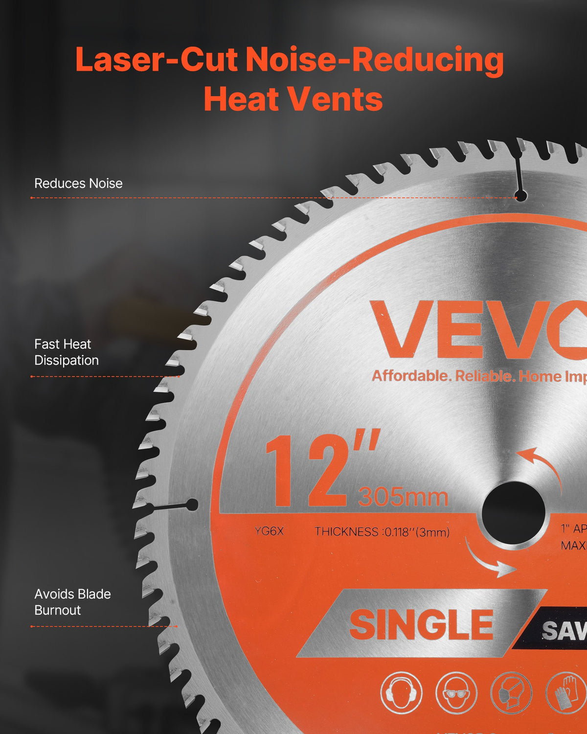 VEVOR Circular Saw Blade, 12 inch Diameter, 80 Sharp Alloy Teeth, 1 inch Arbor, Fine Finish, Wood Cutting Blade for Circular Saw, with Noise-Reducing Heat Vents, for Cutting Plywood, OSB, Hardwood - DPYJPDPQDCL3UOXF5001V0 - view 6