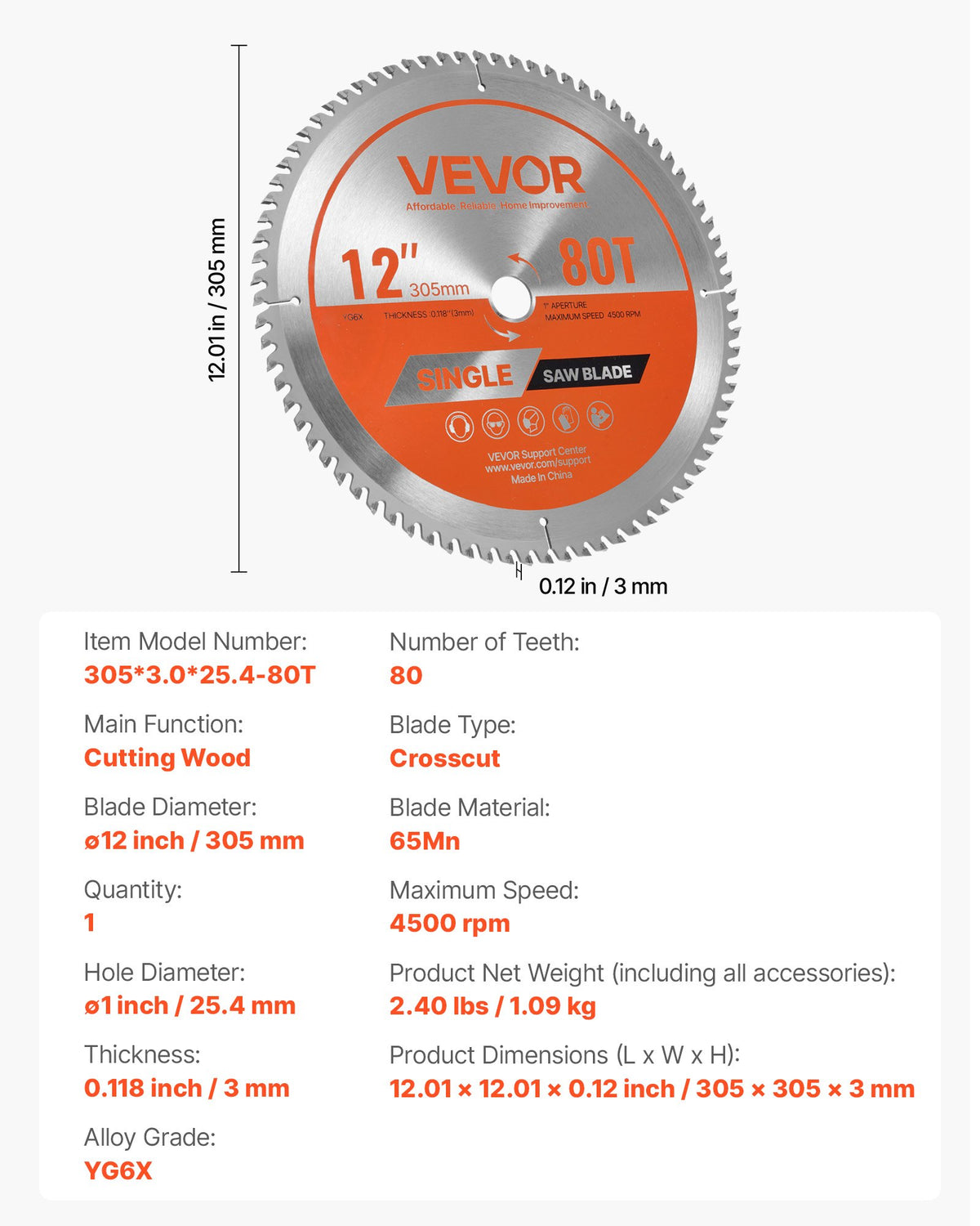 VEVOR Circular Saw Blade, 12 inch Diameter, 80 Sharp Alloy Teeth, 1 inch Arbor, Fine Finish, Wood Cutting Blade for Circular Saw, with Noise-Reducing Heat Vents, for Cutting Plywood, OSB, Hardwood - DPYJPDPQDCL3UOXF5001V0 - view 8