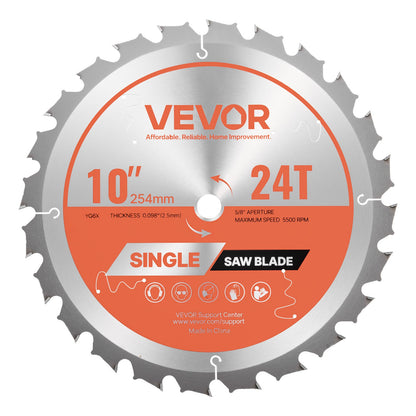 VEVOR Circular Saw Blade, 10 inch Diameter, 24 Sharp Alloy Teeth, 5/8 inch Arbor, Fine Finish, Wood Cutting Blade for Circular Saw