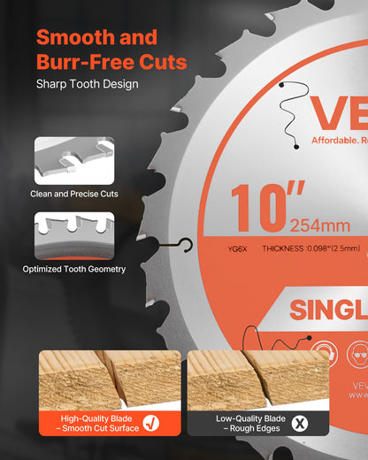 VEVOR Circular Saw Blade, 10 inch Diameter, 24 Sharp Alloy Teeth, 5/8 inch Arbor, Fine Finish, Wood Cutting Blade for Circular Saw