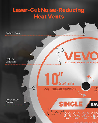 VEVOR Circular Saw Blade, 10 inch Diameter, 24 Sharp Alloy Teeth, 5/8 inch Arbor, Fine Finish, Wood Cutting Blade for Circular Saw