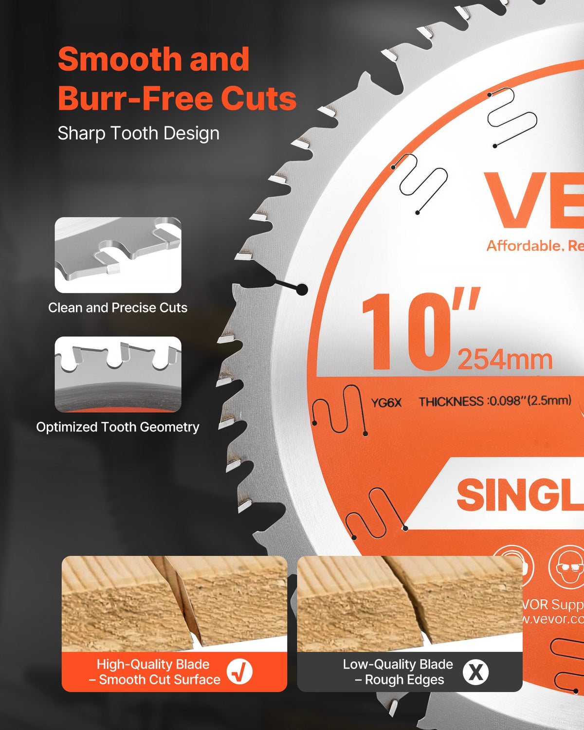 VEVOR Circular Saw Blade, 10 inch Diameter, 50 Sharp Alloy Teeth, 5/8 inch Arbor, Fine Finish, Wood Cutting Blade for Circular Saw, with Noise-Reducing Heat Vents, for Cutting Plywood, OSB, Hardwood - DPYJPDPQMZP2APV6I001V0 - view 4