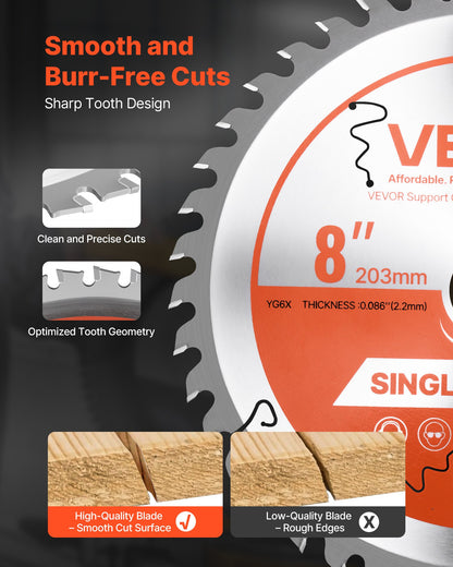 VEVOR Circular Saw Blade, 8 inch Diameter, 42 Sharp Alloy Teeth, 1 inch Arbor, Fine Finish, Wood Cutting Blade for Circular Saw, with Noise-Reducing Heat Vents, for Cutting Plywood, OSB, and Hardwood - DPYJPDPQMZP2PIFMS001V0 - view 4