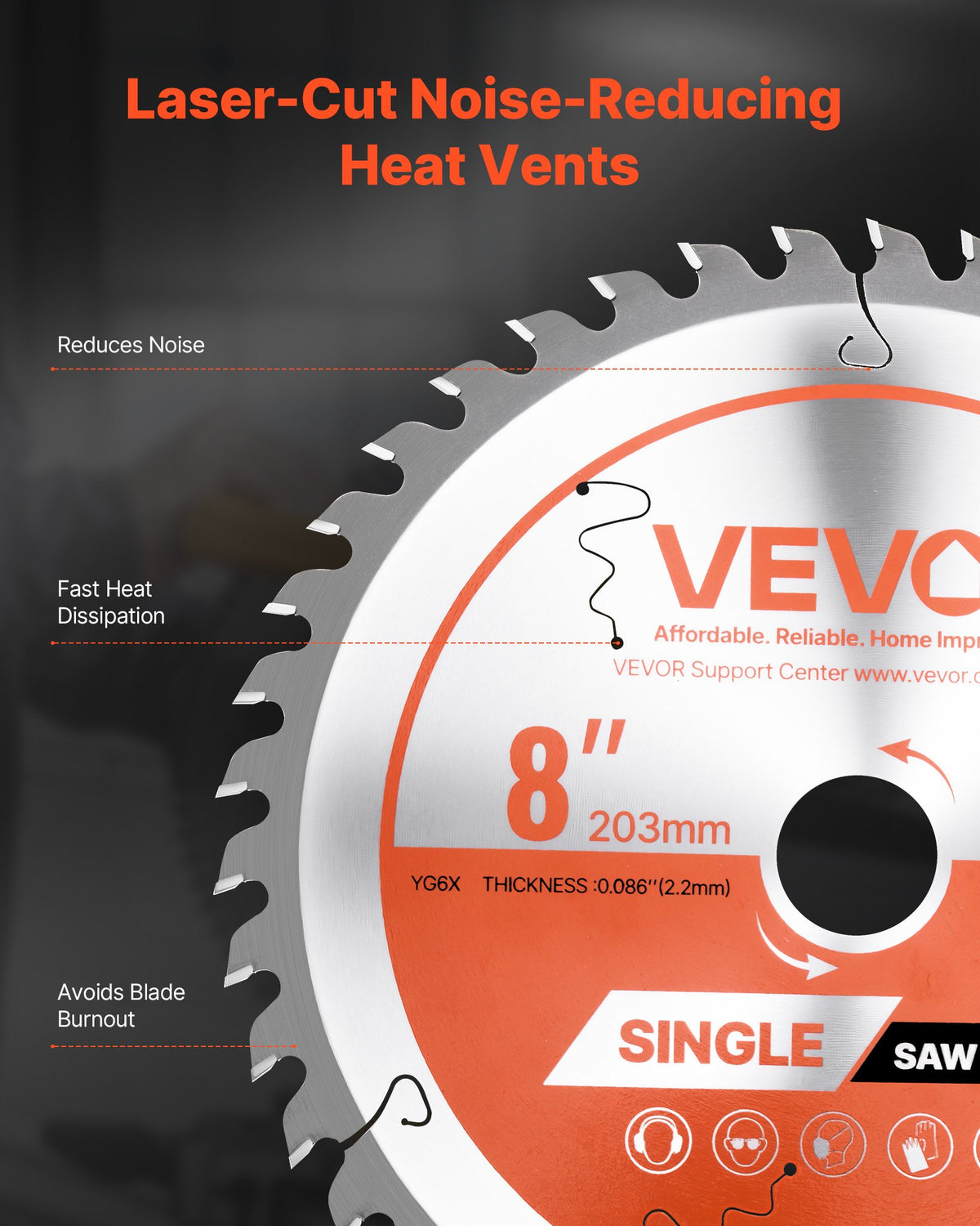 VEVOR Circular Saw Blade, 8 inch Diameter, 42 Sharp Alloy Teeth, 1 inch Arbor, Fine Finish, Wood Cutting Blade for Circular Saw, with Noise-Reducing Heat Vents, for Cutting Plywood, OSB, and Hardwood - DPYJPDPQMZP2PIFMS001V0 - view 6