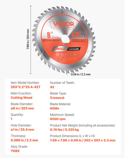 VEVOR Circular Saw Blade, 8 inch Diameter, 42 Sharp Alloy Teeth, 1 inch Arbor, Fine Finish, Wood Cutting Blade for Circular Saw, with Noise-Reducing Heat Vents, for Cutting Plywood, OSB, and Hardwood - DPYJPDPQMZP2PIFMS001V0 - view 8