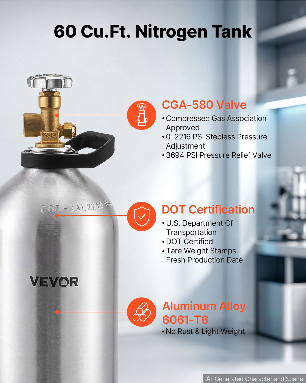 VEVOR 60 Cu. Ft DOT Nitrogen Cylinder Aluminum Alloy Air Tank (Ships Empty), High-Strength Aluminum Alloy 6061-T6 Cylinder with CGA-580 Valve & Handle, for Manufacturing, Welding, Beverage Production - DQQGDQQGCGA5AG1XT001V0 - view 3