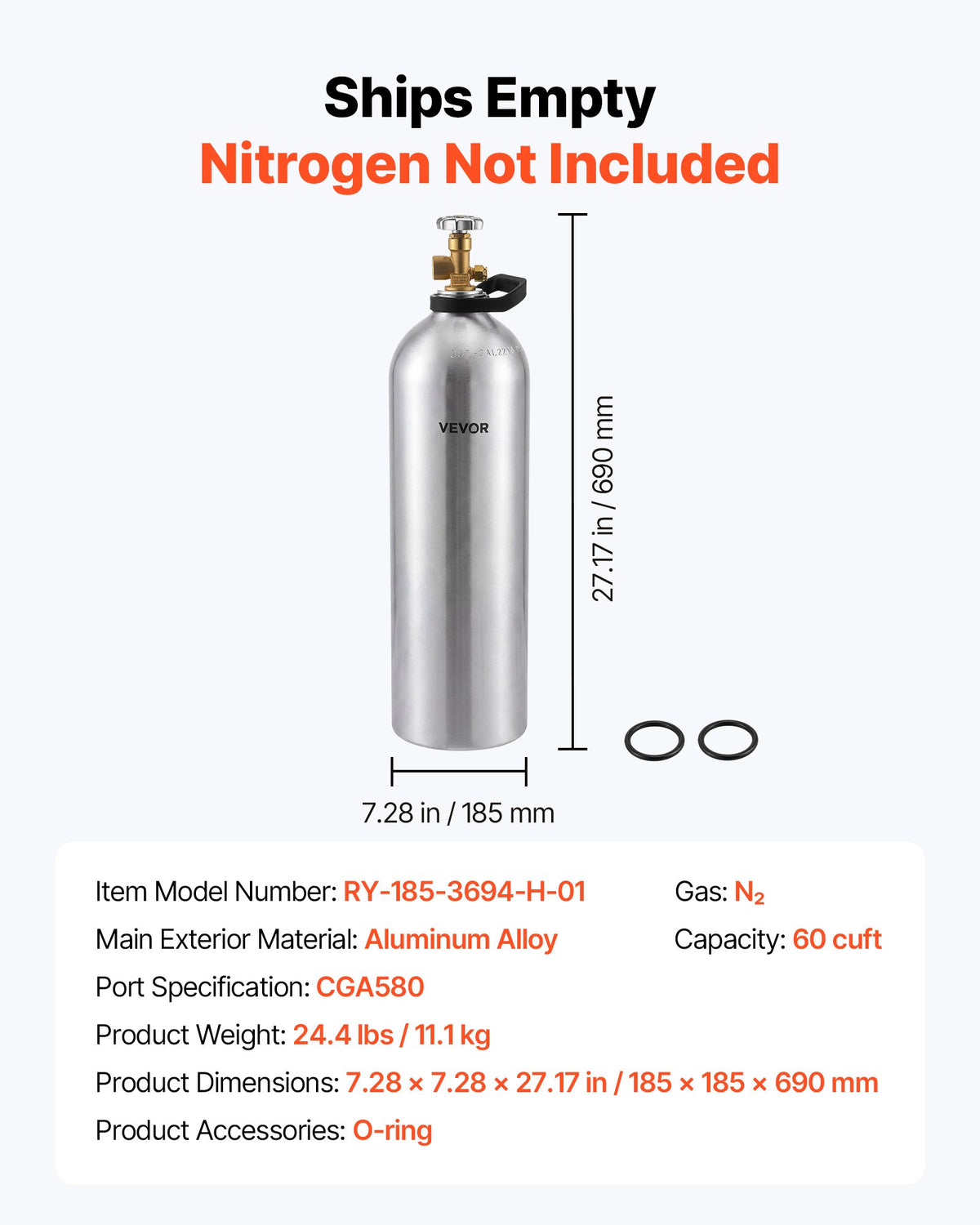 VEVOR 60 Cu. Ft DOT Nitrogen Cylinder Aluminum Alloy Air Tank (Ships Empty), High-Strength Aluminum Alloy 6061-T6 Cylinder with CGA-580 Valve & Handle, for Manufacturing, Welding, Beverage Production - DQQGDQQGCGA5AG1XT001V0 - view 8
