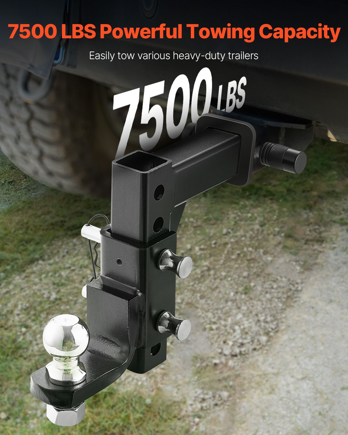 VEVOR Adjustable Trailer Hitch, Fit 2-Inch Receiver, Trailer Hitch Ball Mount with 2-Inch Ball & Pin, 7500 lbs Capacity Ball Hitch, 9-Inch Drop, Tow Hitch for Heavy Duty Truck with Carbon Steel, Black - DQTQJTCB22808SGXTV0 - view 3