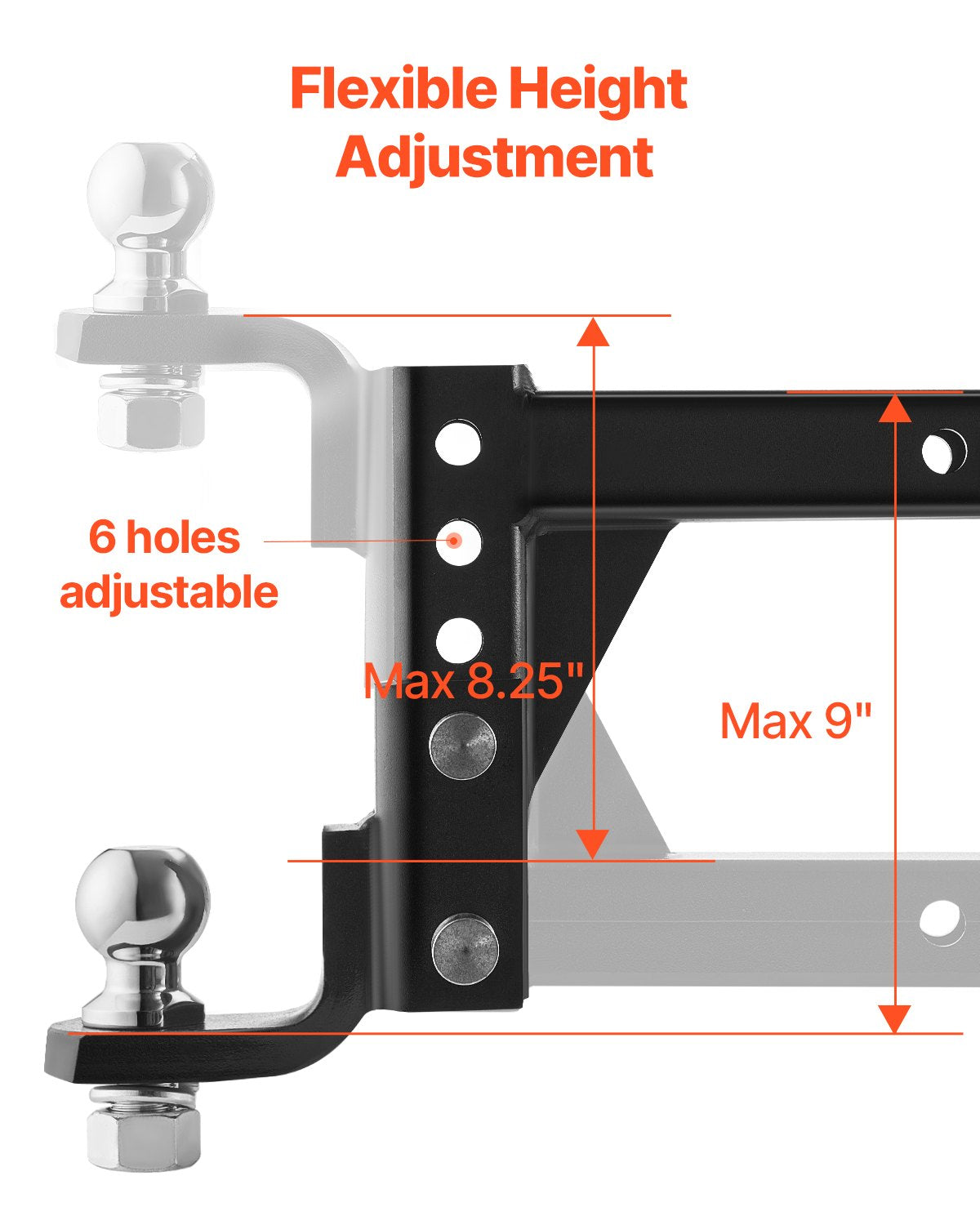 VEVOR Adjustable Trailer Hitch, Fit 2-Inch Receiver, Trailer Hitch Ball Mount with 2-Inch Ball & Pin, 7500 lbs Capacity Ball Hitch, 9-Inch Drop, Tow Hitch for Heavy Duty Truck with Carbon Steel, Black - DQTQJTCB22808SGXTV0 - view 5