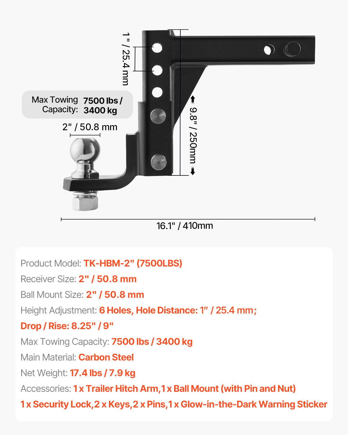 VEVOR Adjustable Trailer Hitch, Fit 2-Inch Receiver, Trailer Hitch Ball Mount with 2-Inch Ball & Pin, 7500 lbs Capacity Ball Hitch, 9-Inch Drop, Tow Hitch for Heavy Duty Truck with Carbon Steel, Black - DQTQJTCB22808SGXTV0 - view 8