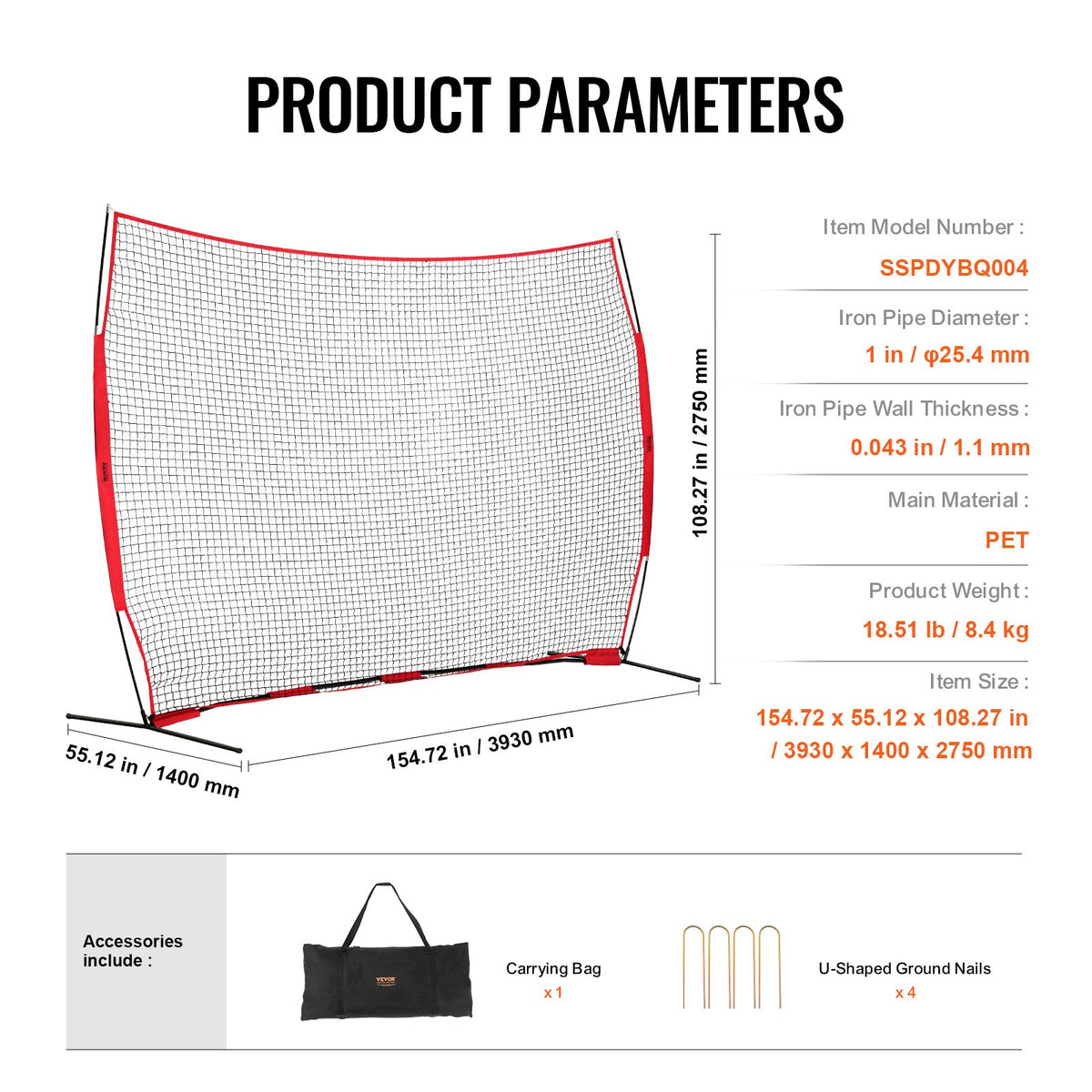 VEVOR Barricade Backstop Net, 12x9 ft Ball Sports Barrier Netting, Portable Practice Equipment with Carry Bag