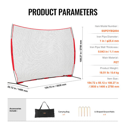 VEVOR Barricade Backstop Net, 12x9 ft Ball Sports Barrier Netting, Portable Practice Equipment with Carry Bag
