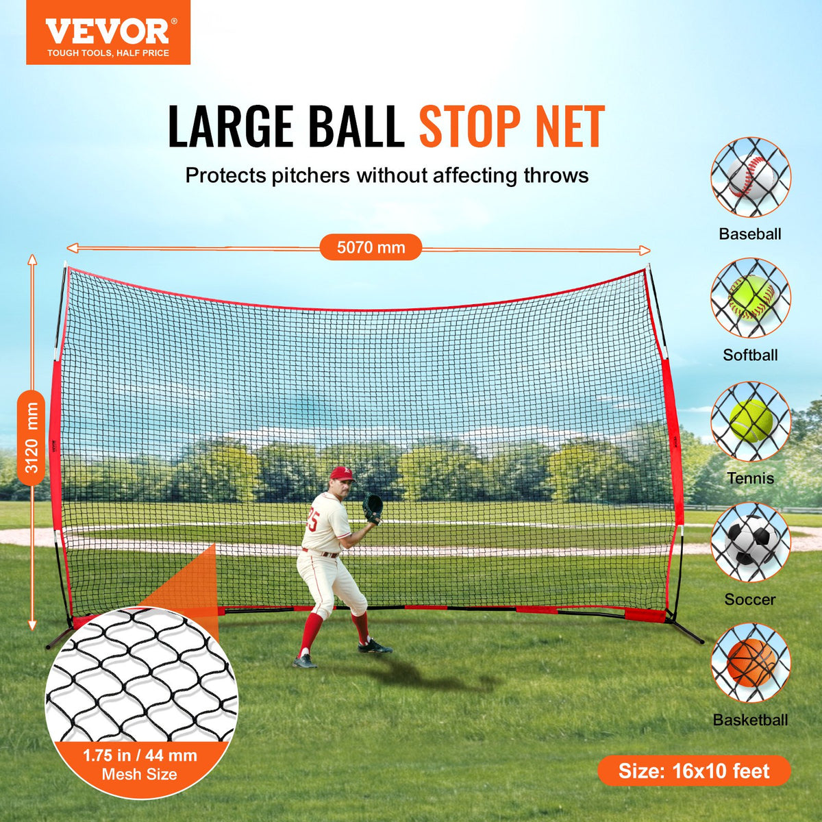 VEVOR Barricade Backstop Net, 16x10 ft Ball Sports Barrier Netting, Portable Practice Equipment with Carry Bag, Protection Screen for Baseball Softball Lacrosse Soccer Hockey Training, for Backyard - DQW1610YC000DU462V0 - view 3