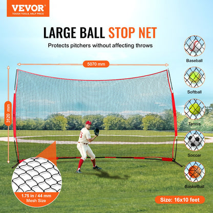 VEVOR Barricade Backstop Net, 16x10 ft Ball Sports Barrier Netting, Portable Practice Equipment with Carry Bag, Protection Screen for Baseball Softball Lacrosse Soccer Hockey Training, for Backyard - DQW1610YC000DU462V0 - view 3