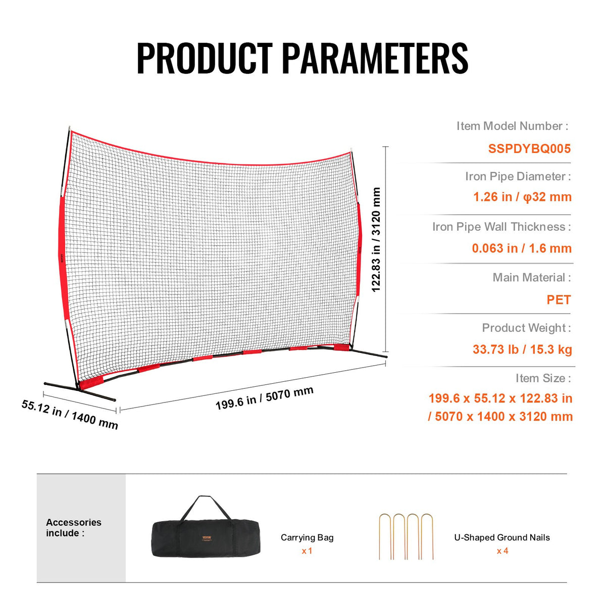 VEVOR Barricade Backstop Net, 16x10 ft Ball Sports Barrier Netting, Portable Practice Equipment with Carry Bag, Protection Screen for Baseball Softball Lacrosse Soccer Hockey Training, for Backyard - DQW1610YC000DU462V0 - view 8