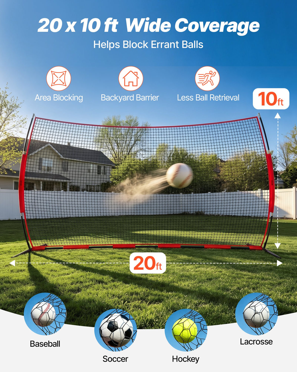 VEVOR Barricade Backstop Net, 20x10 ft Ball Sports Barrier Netting, Portable Practice Equipment with Carry Bag