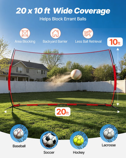 VEVOR Barricade Backstop Net, 20x10 ft Ball Sports Barrier Netting, Portable Practice Equipment with Carry Bag